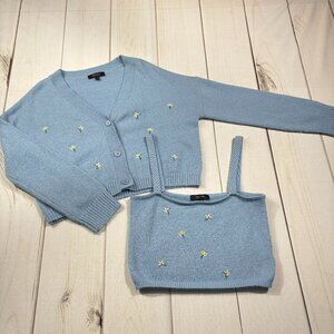 Witty Fox Large 2-Pc Set Cropped Sweater & Tank Floral Embroidered Grandma Blue